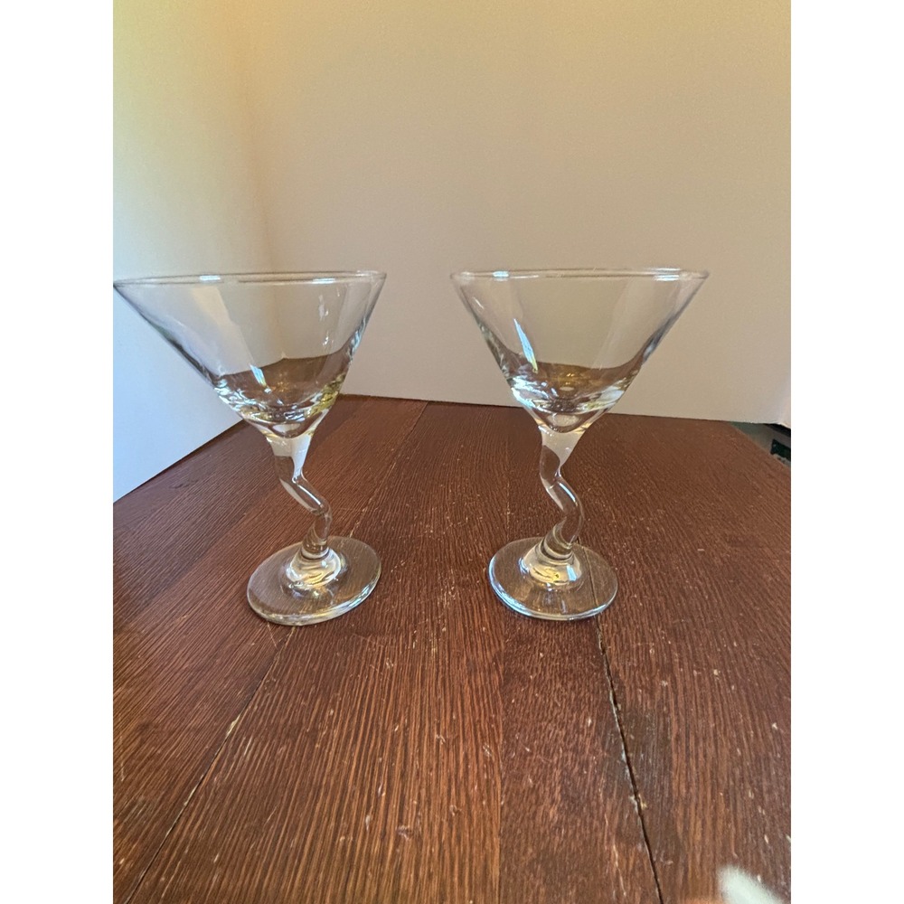 Libbey Z-Stem Martini Glasses Set of 2 Clear Glass Zig Zag Swirl Stemware 6.25in